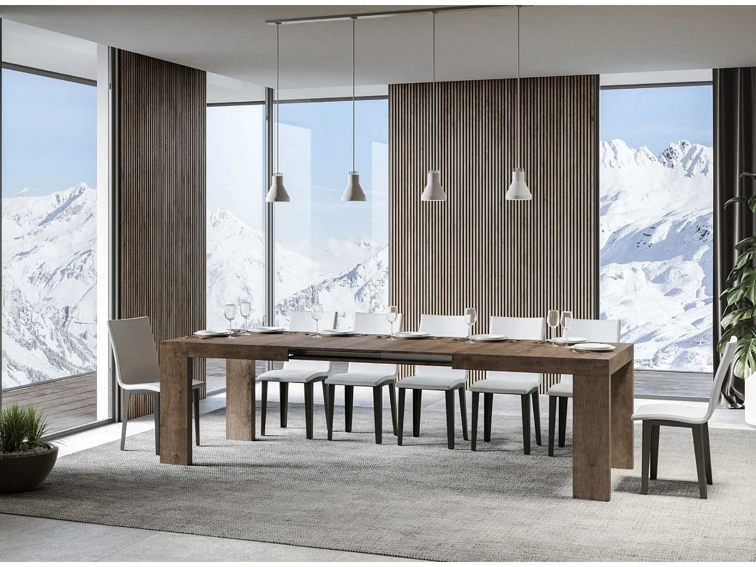 Mesa de comedor extensible de madera Ribo-Color Marrón-Base y soporte con ruedas-5 alargaderas finas-Ancho extensible