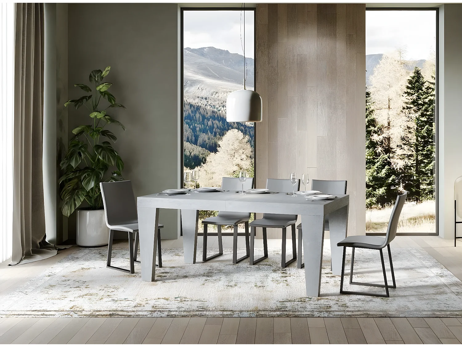 Mesa de comedor extensible de madera Kristo patas en V-Color Gris cemento-Soporte 4 pies-5 alargaderas finas-Ancho extensible