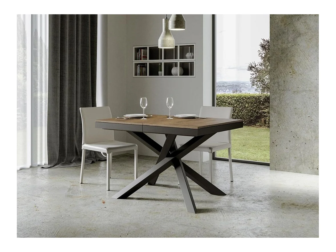 Kleine uitschuifbare donkerhouten tafel en antraciet frame 120/224 cm Klass