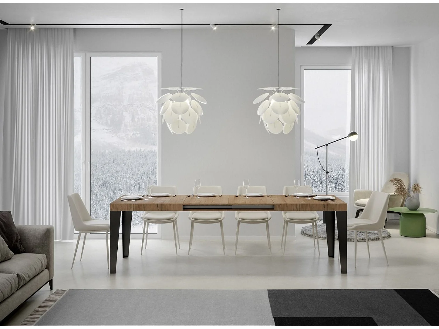 Table rectangulaire extensible 6 à 12 places L 160 à 264cm chêne clair et pieds métal anthracite Flavio