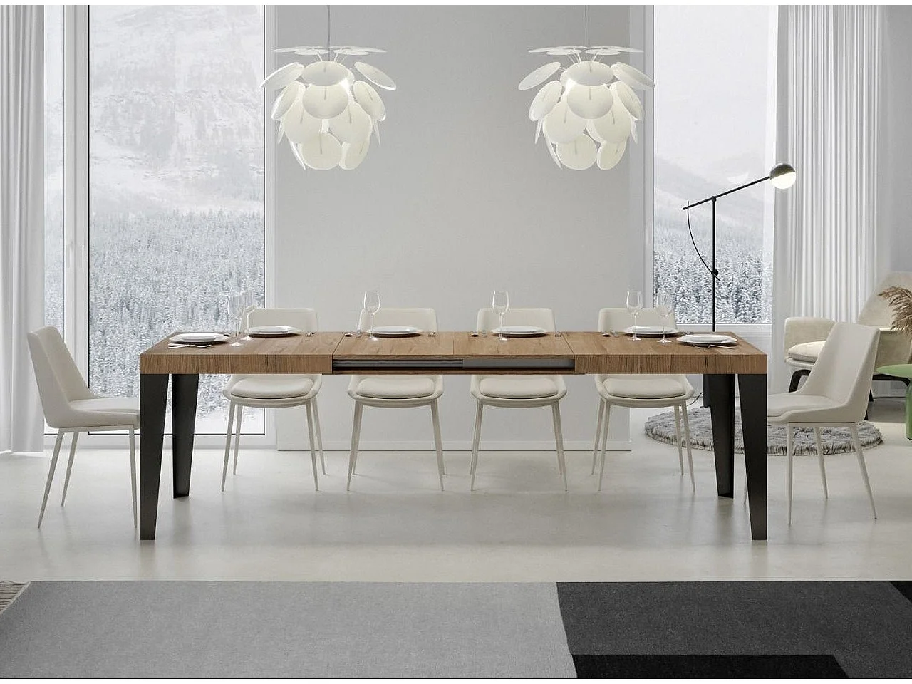 Mesa de comedor extensible Flavio-Color Natural-Soporte 2 pies-Alargaderas -Ancho extensible