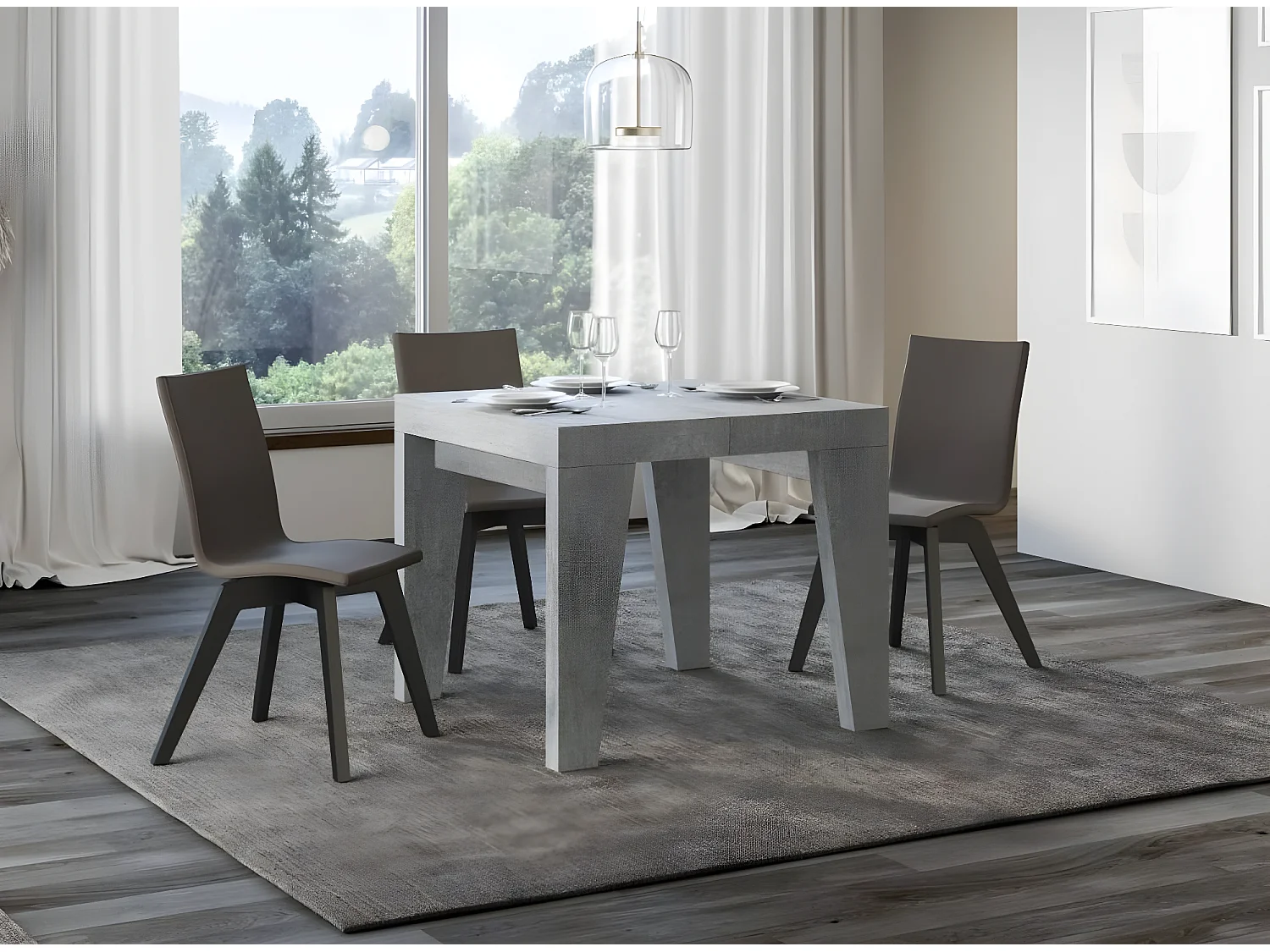 Kleine vierkante tafel 90/90 cm uitschuifbaar voor 10 personen 90 tot 246 cm grijs cementeffect Naxo-Voet en steun op zwenkwielen