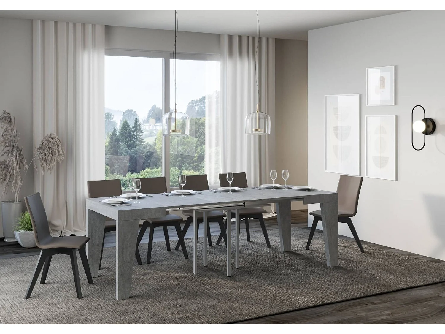 Kleine vierkante tafel 90/90 cm uitschuifbaar voor 10 personen 90 tot 246 cm grijs cementeffect Naxo-Voet en steun op zwenkwielen