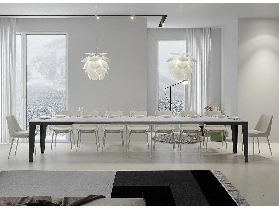 Table rectangulaire extensible 6 à 20 places L 160 à 420cm blanc et pieds acier gris foncé Flavien