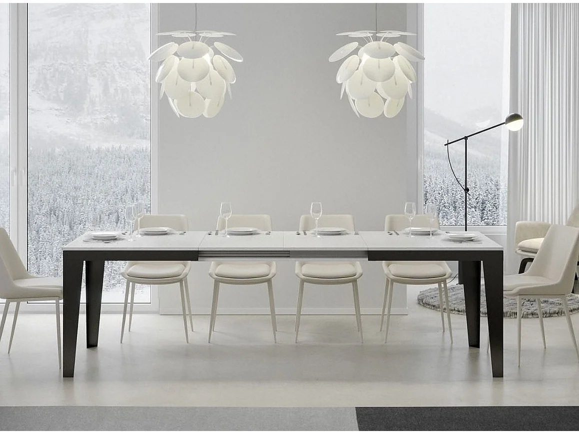 Table rectangulaire extensible 6 à 20 places L 160 à 420cm blanc et pieds acier gris foncé Flavien