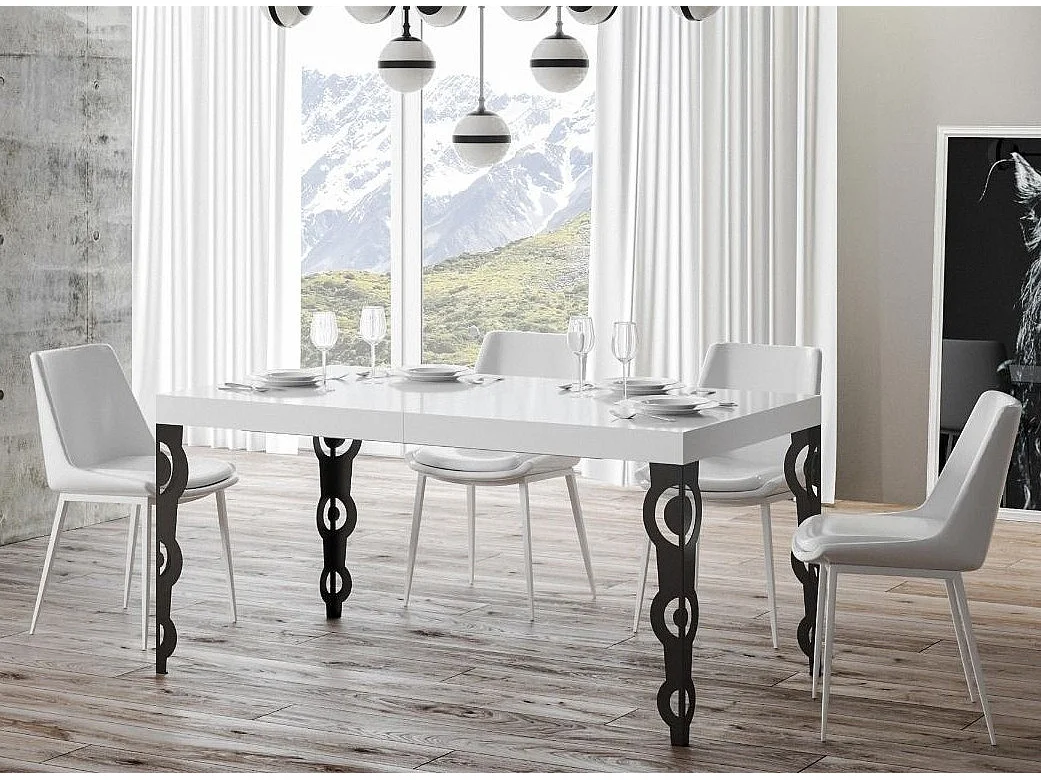 Table rectangulaire extensible orientale 6 à 10 personnes L 130 à 234cm blanc laqué et pieds métal anthracite Kazay