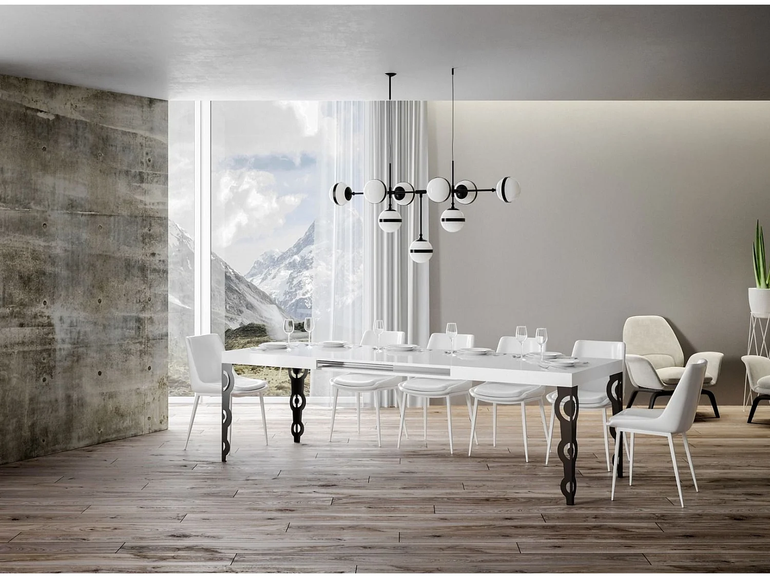 Table rectangulaire extensible orientale 6 à 10 personnes L 130 à 234cm blanc laqué et pieds métal anthracite Kazay