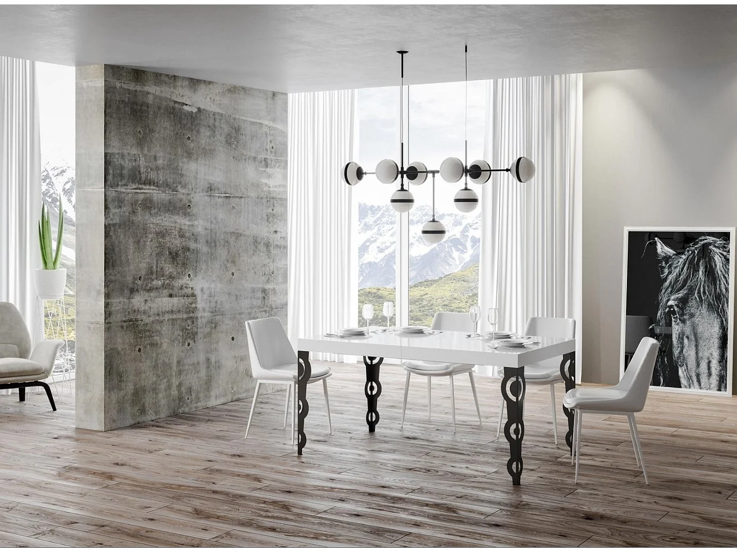 Table rectangulaire extensible orientale 6 à 10 personnes L 130 à 234cm blanc laqué et pieds métal anthracite Kazay