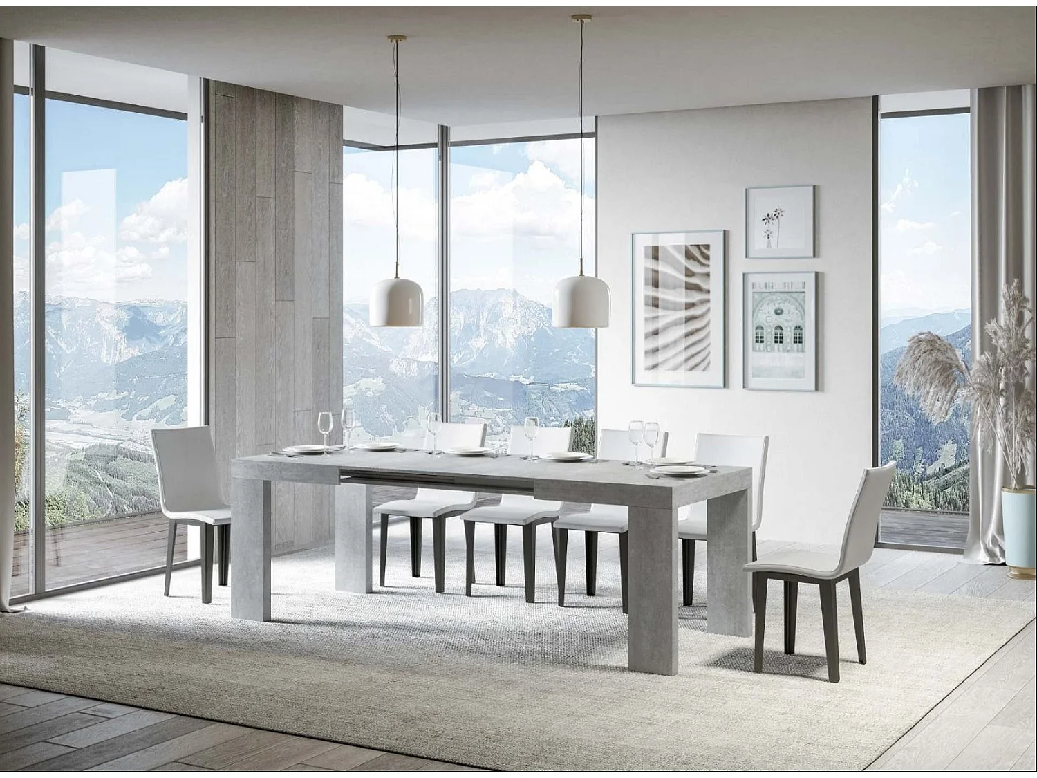 Table rectangulaire extensible 130 à 234cm gris béton Ribo-Pied et support sur roulettes