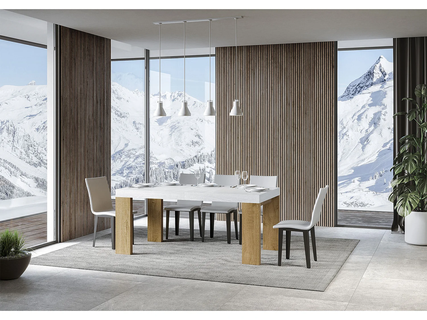 Table rectangulaire extensible blanche et bois clair 180 à 440cm Ribo-Support 4 pieds