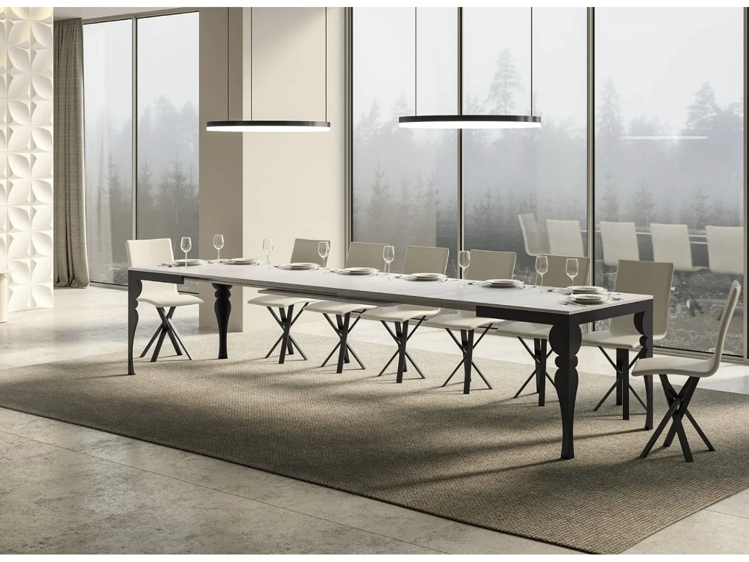 Mesa extensible con patas de acero antracita, estilo oriental Torza evolución-Color Blanco-Soporte 2 pies-Ancho extensible