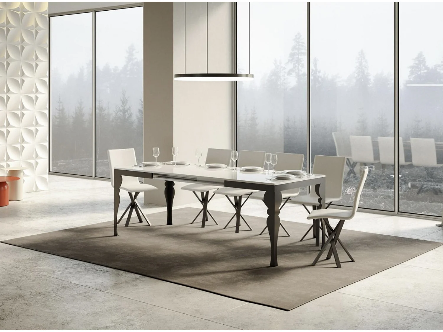 Mesa extensible con patas de acero antracita, estilo oriental Torza evolución-Color Blanco-Soporte 2 pies-Ancho extensible