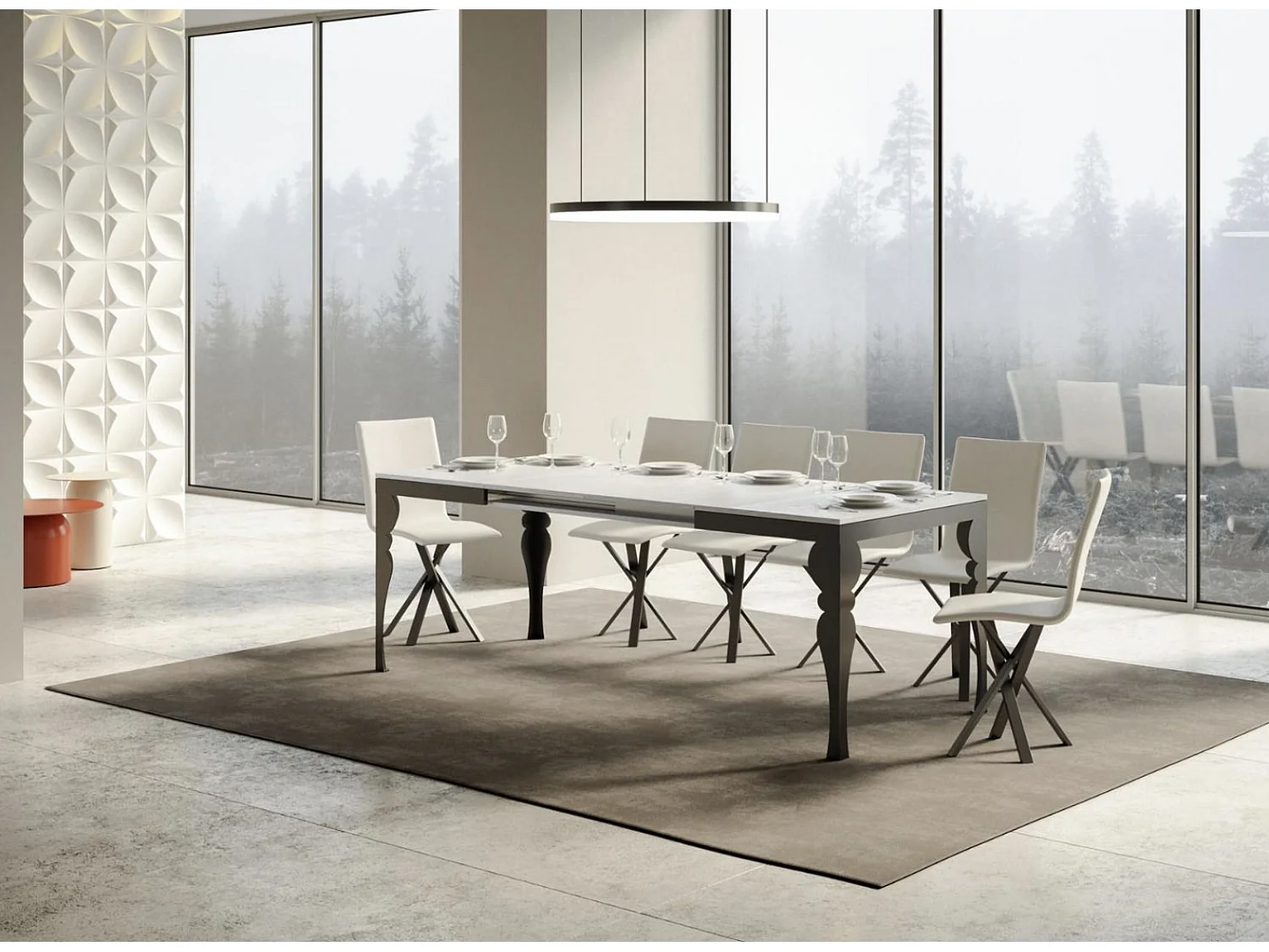 Mesa extensible con patas de acero antracita, estilo oriental Torza evolución-Color Blanco-Soporte 2 pies-Ancho extensible