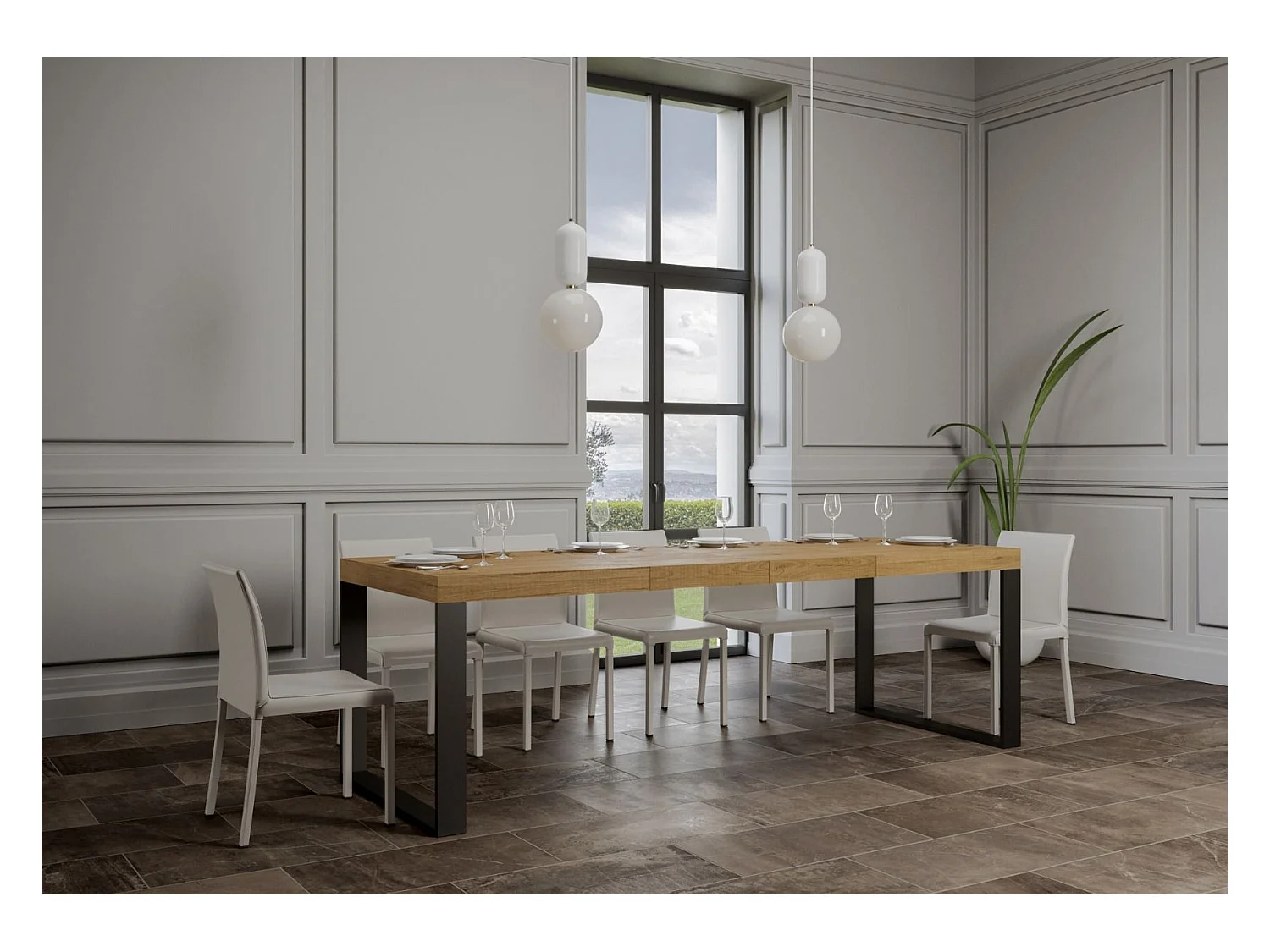 Grande table extensible 180 à 440cm bois marron et pieds métal anthracite Tiroz-Support 4 pieds-5 rallonges épaisses