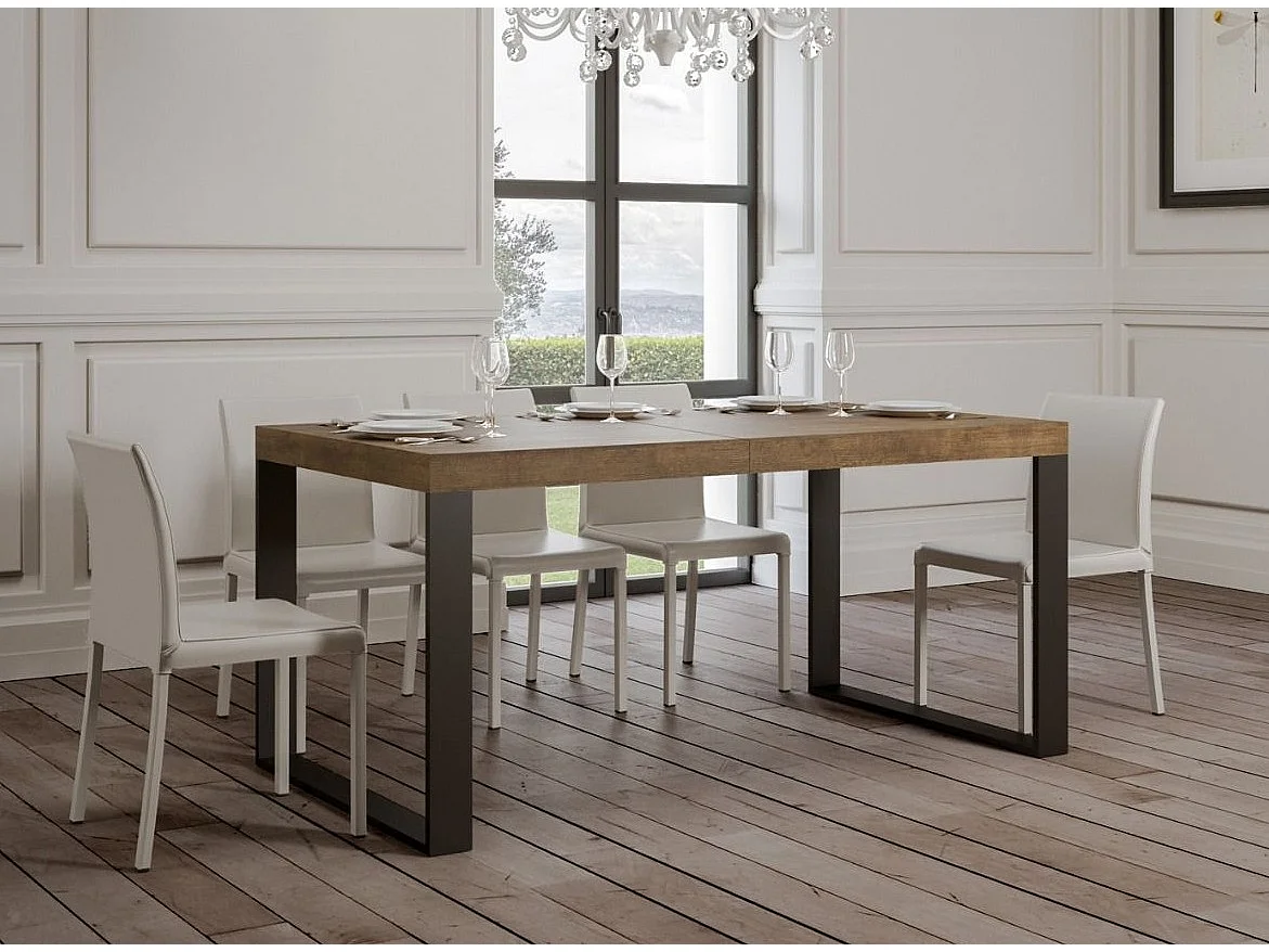 Grande table extensible 180 à 440cm bois marron et pieds métal anthracite Tiroz-Support 4 pieds-5 rallonges épaisses
