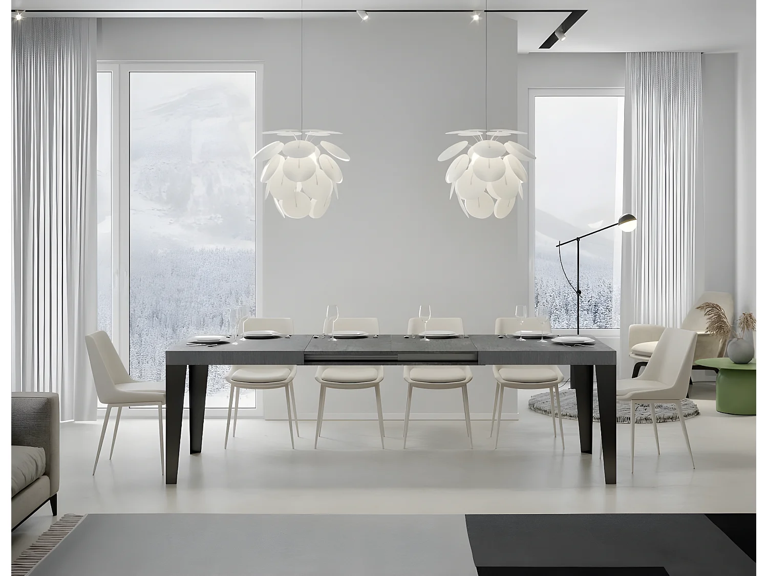 Mesa de comedor extensible Flavio-Color Gris cemento-Soporte 2 pies-5 alargaderas finas-Ancho extensible