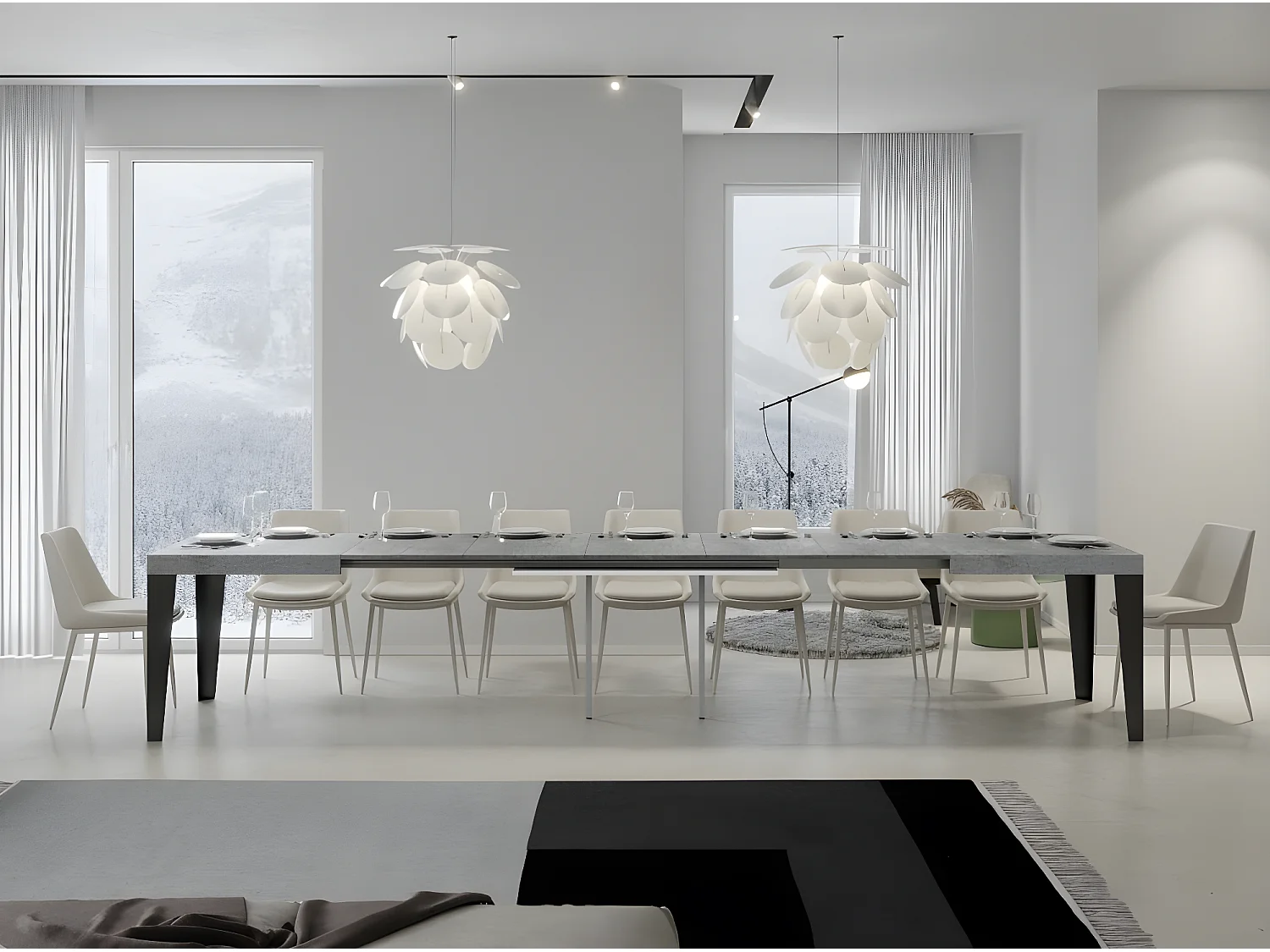 Table rectangulaire extensible 8 à 20 places L 180 à 440cm gris effet béton et pieds métal anthracite Flavio