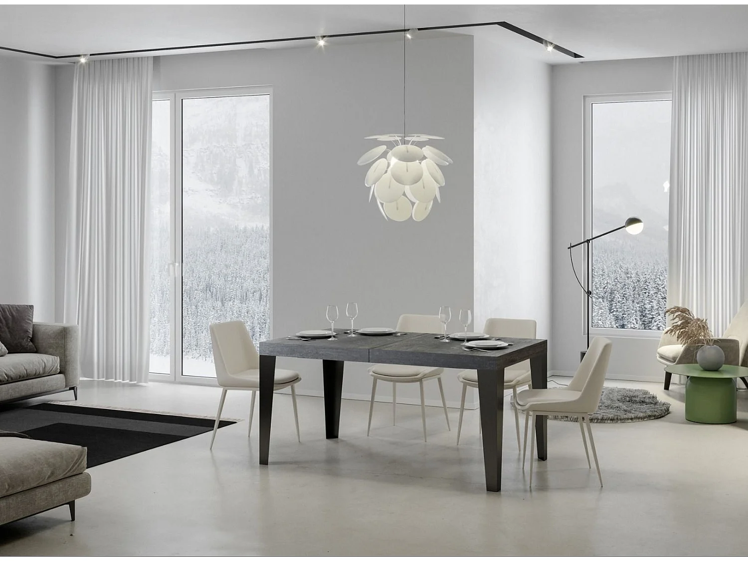 Table rectangulaire extensible 8 à 20 places L 180 à 440cm gris effet béton et pieds métal anthracite Flavio