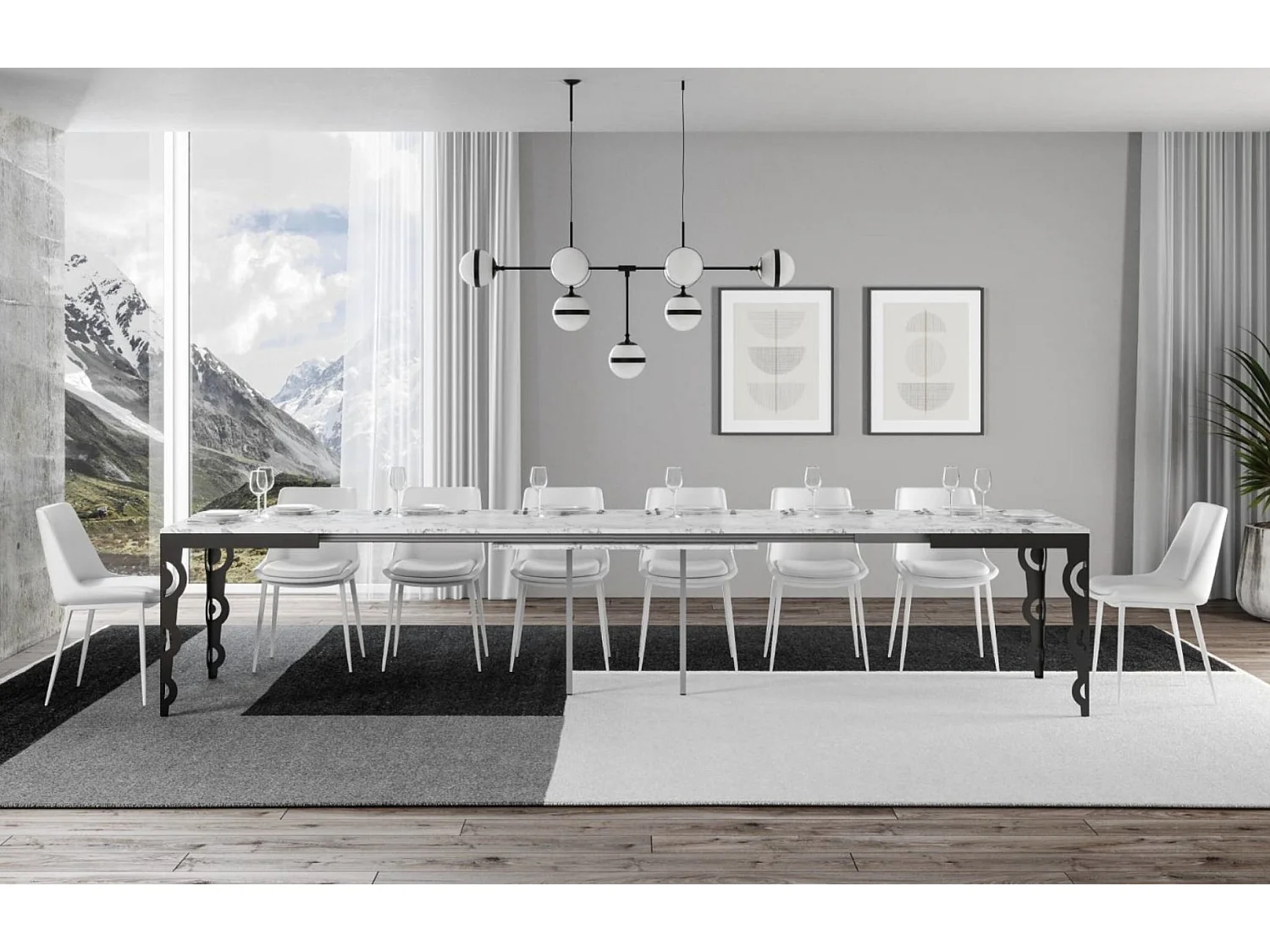 Table rectangulaire extensible 6 à 16 personnes L 120 à 380cm blanc effet marbre et cadre métal anthracite Zakary