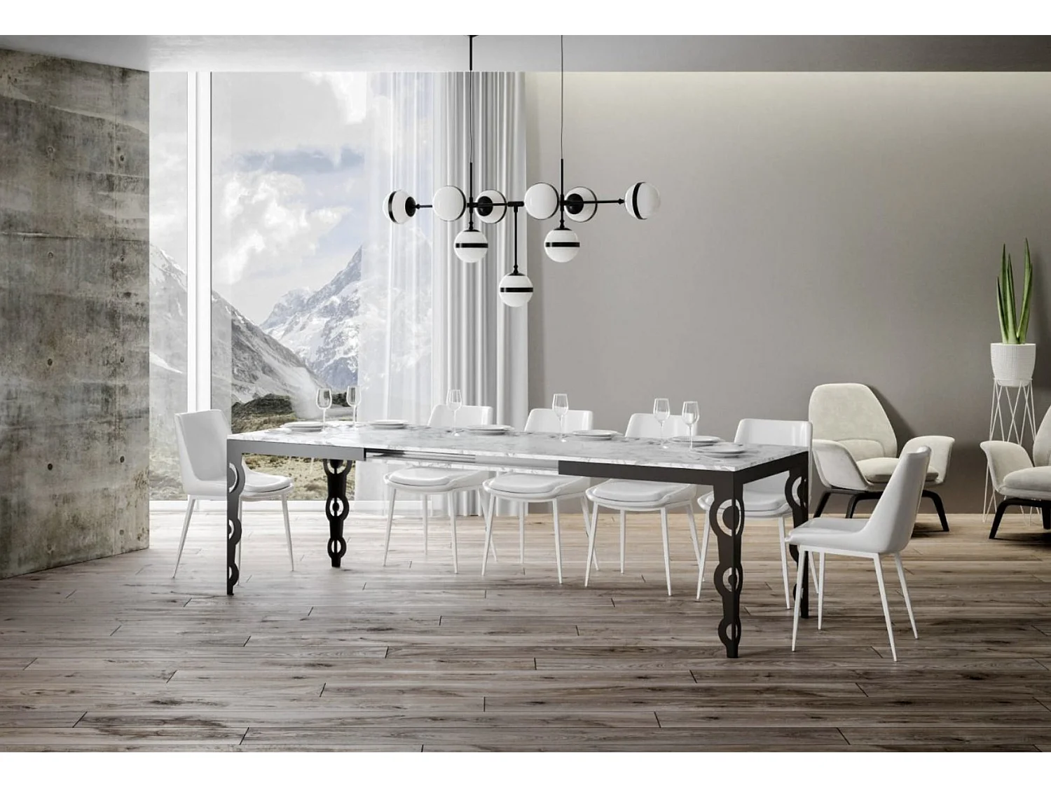 Table rectangulaire extensible 6 à 16 personnes L 120 à 380cm blanc effet marbre et cadre métal anthracite Zakary
