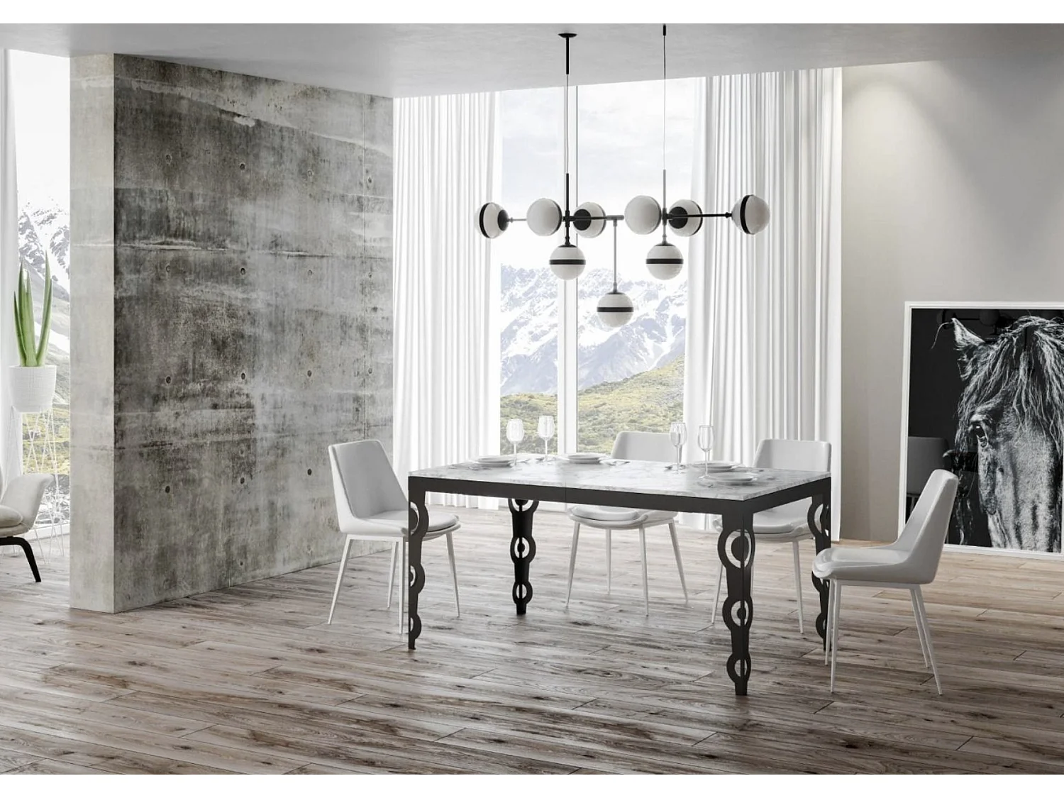 Table rectangulaire extensible 6 à 16 personnes L 120 à 380cm blanc effet marbre et cadre métal anthracite Zakary