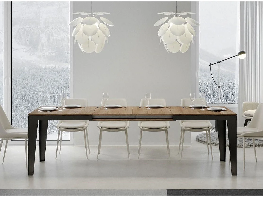 Table rectangulaire extensible 6 à 20 places L 180 à 440cm chêne clair et pieds acier gris foncé Flavien