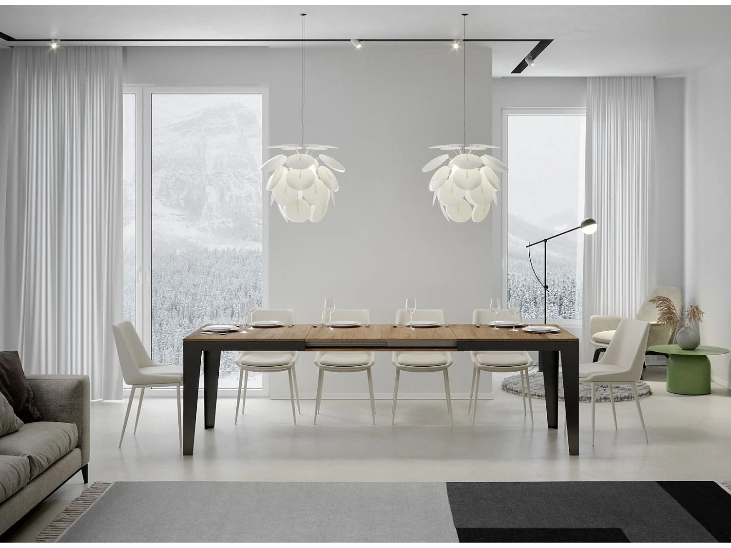 Table rectangulaire extensible 6 à 20 places L 180 à 440cm chêne clair et pieds acier gris foncé Flavien