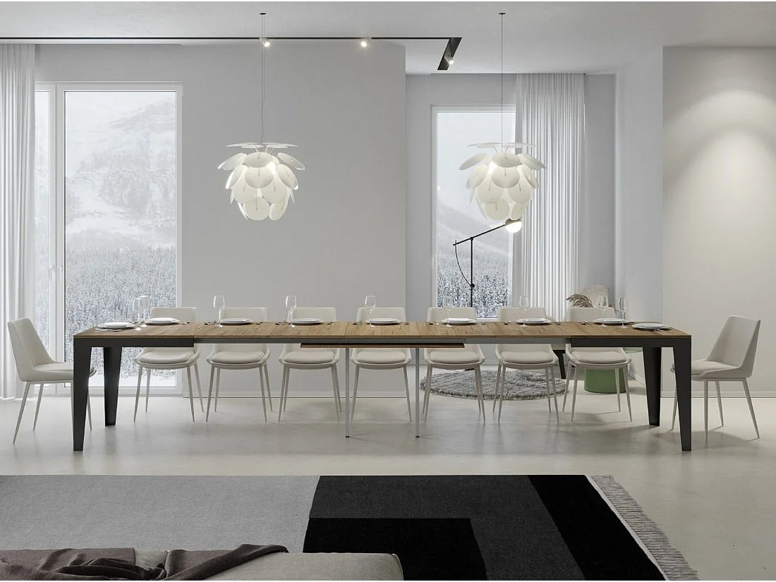 Table rectangulaire extensible 6 à 20 places L 180 à 440cm chêne clair et pieds acier gris foncé Flavien