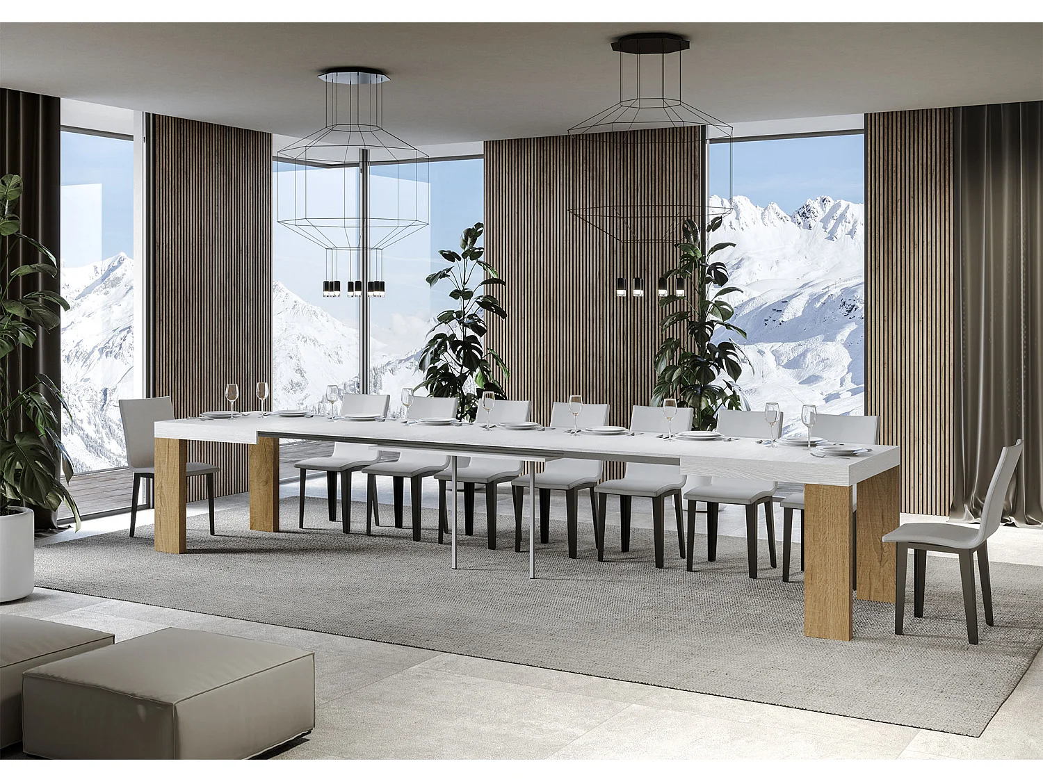 Table rectangulaire extensible blanche et bois naturel 160 à 420cm Ribo-Support 4 pieds