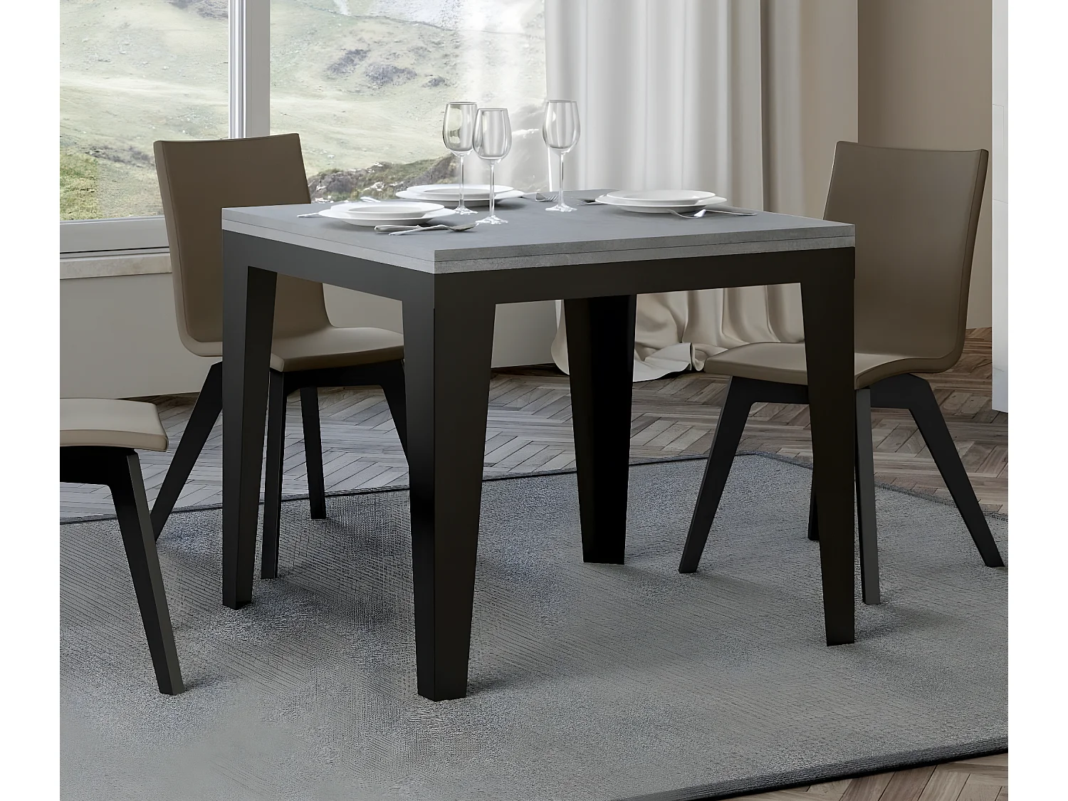 Vierkante uitschuifbare tafel 4 tot 6 plaatsen L 90 tot 180 cm betongrijs hout en antraciet metalen poten Librio