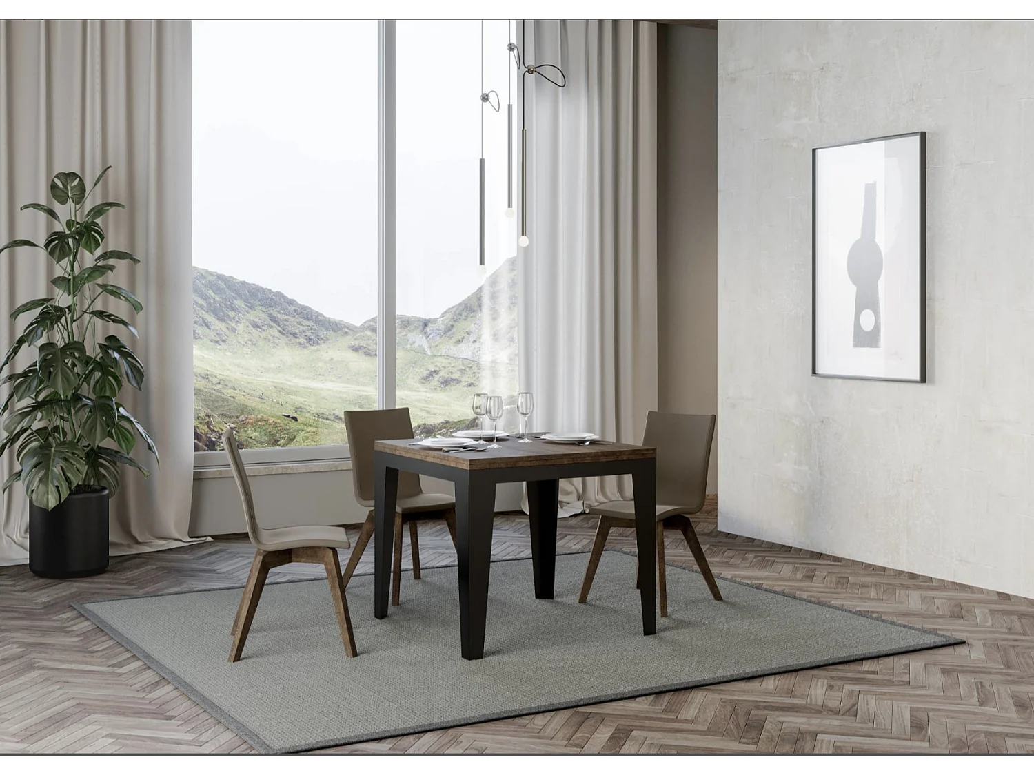 Vierkante uitschuifbare tafel 4 tot 6 plaatsen L 90 tot 180 cm betongrijs hout en antraciet metalen poten Librio