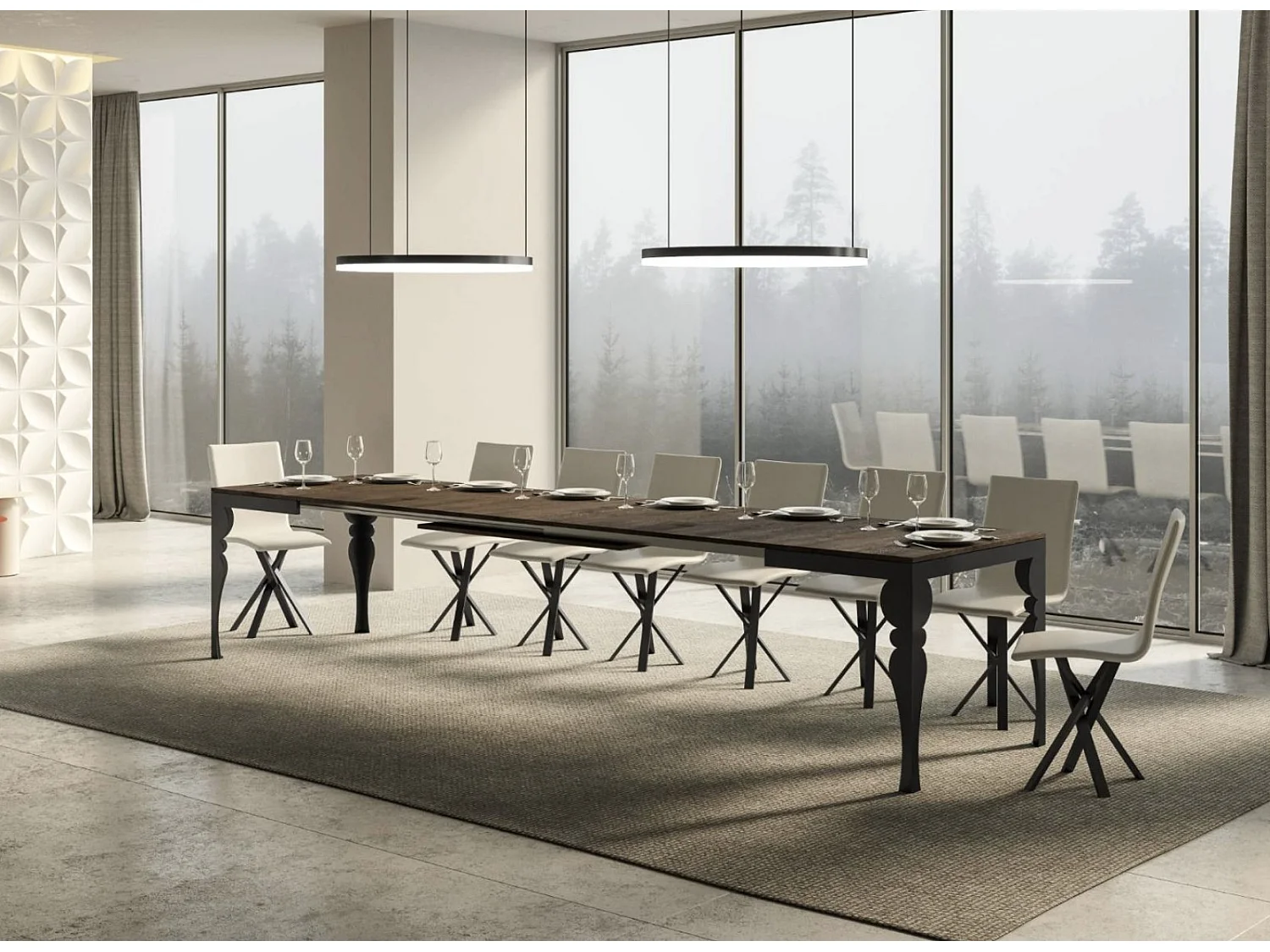 Mesa extensible con patas de acero antracita, estilo oriental Torza evolución-Color Marrón-Soporte 2 pies-Ancho extensible