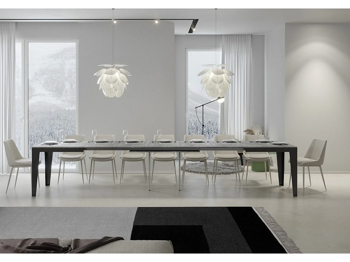 Table rectangulaire extensible 6 à 20 places L 160 à 420cm gris effet béton et pieds acier gris foncé Flavien