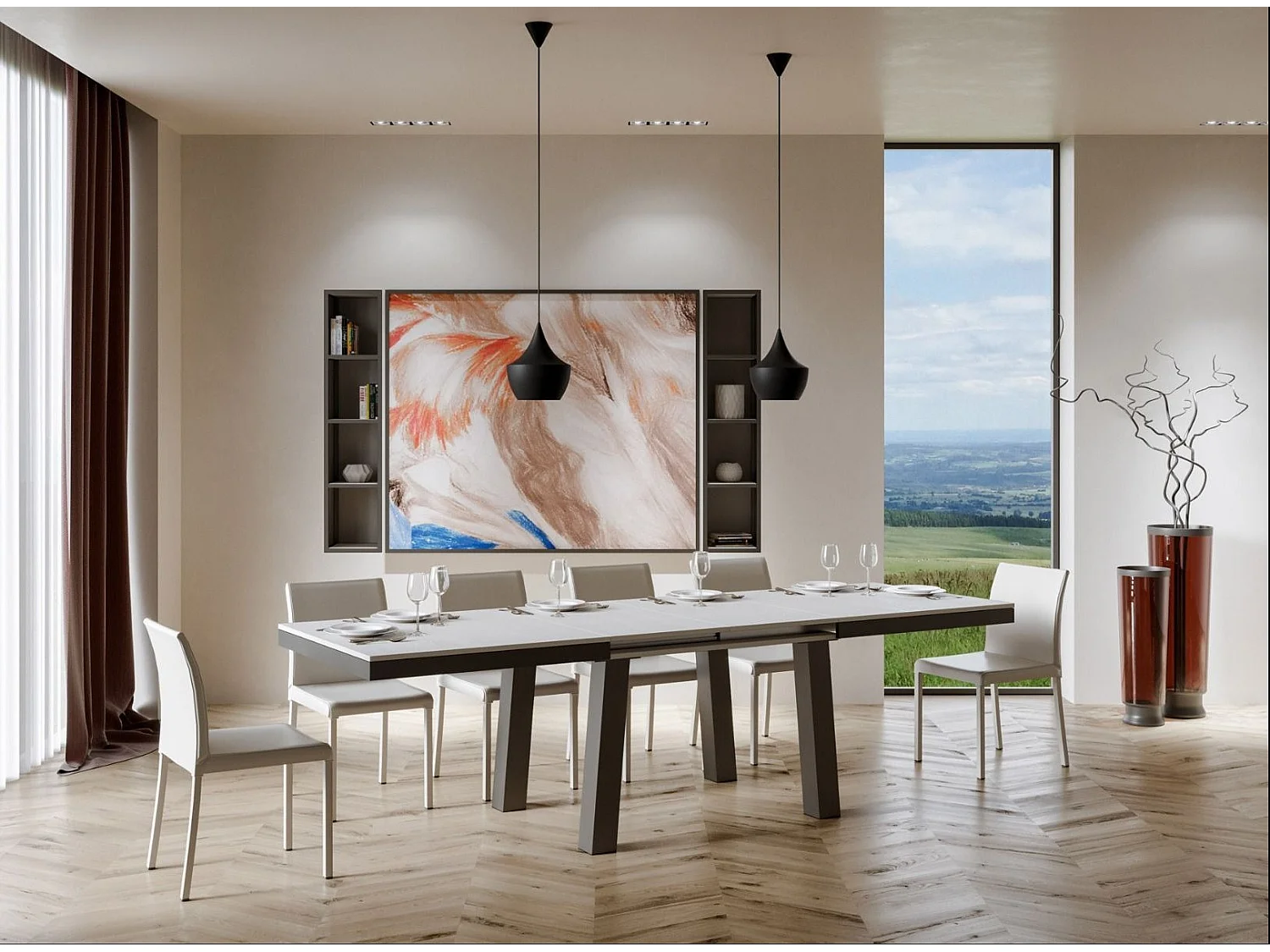 Mesa extensible Bidy de 6 a 20 plazas L 160 a 420 cm estructura de metal blanco y antracita