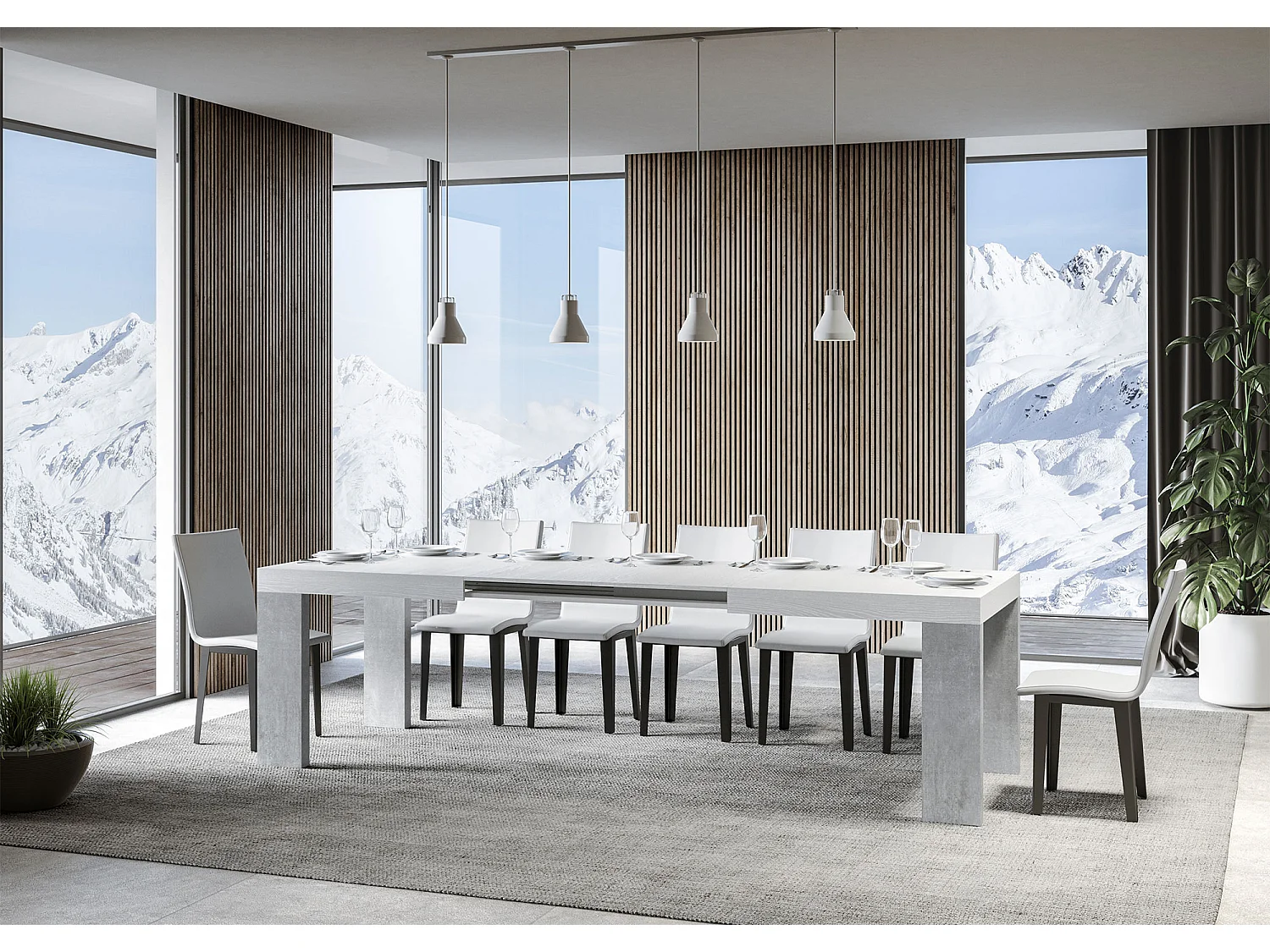 Table rectangulaire extensible blanche et gris béton 180 à 440cm Ribo-Support 4 pieds