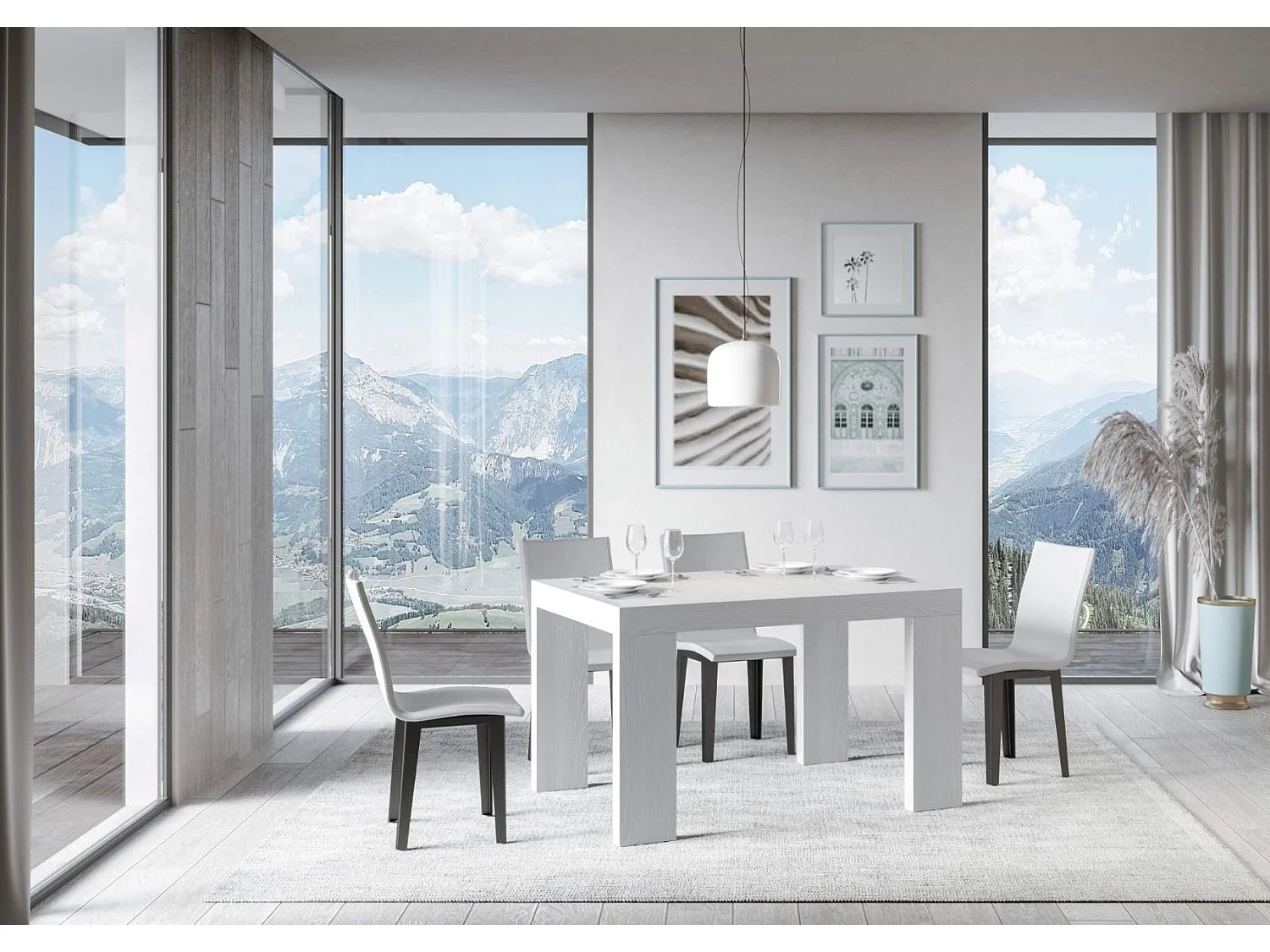 Table rectangulaire extensible 130 à 390cm blanche Ribo-Pied et support sur roulettes