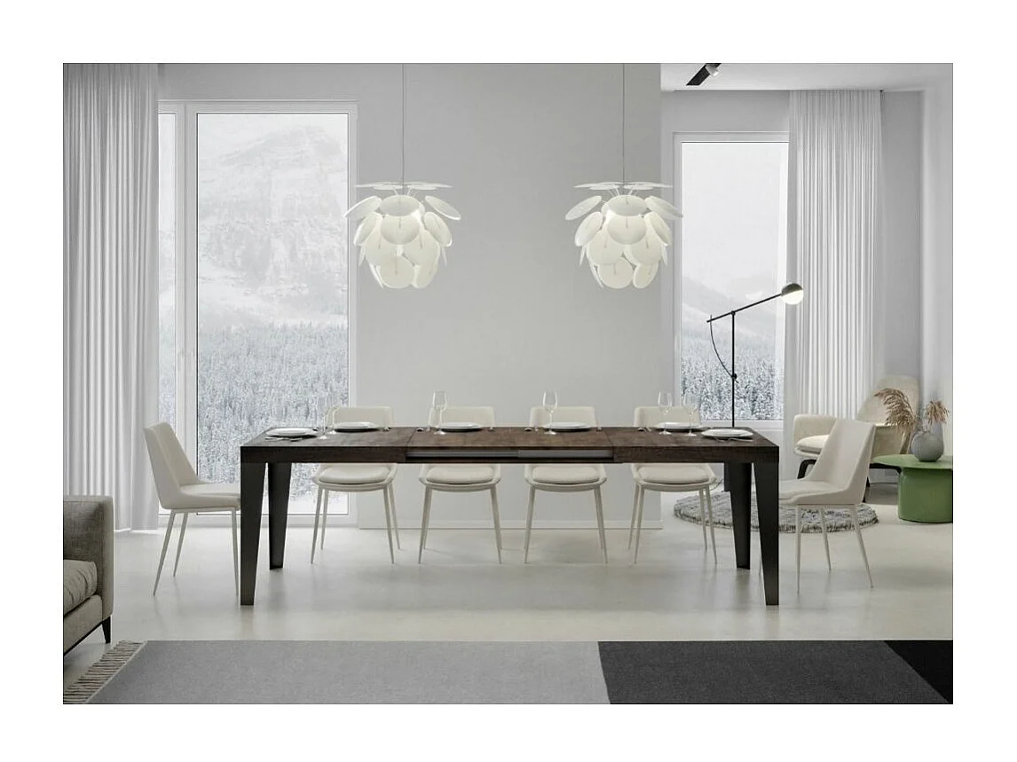 Mesa de comedor extensible Flavio-Color Marrón-Soporte 2 pies-5 alargaderas finas-Ancho extensible