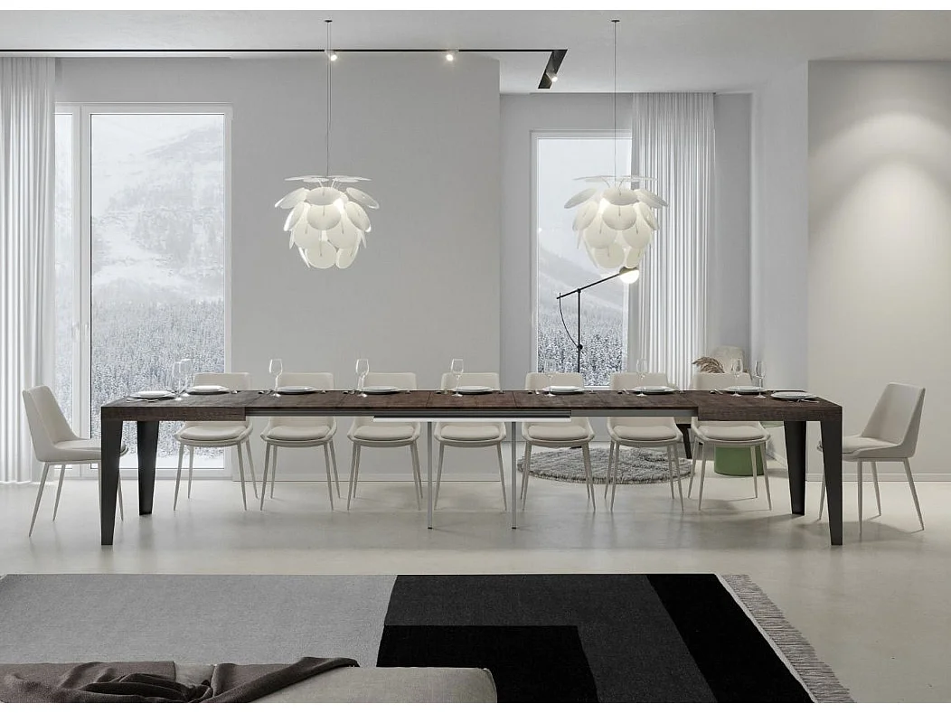 Mesa de comedor extensible Flavio-Color Marrón-Soporte 2 pies-5 alargaderas finas-Ancho extensible