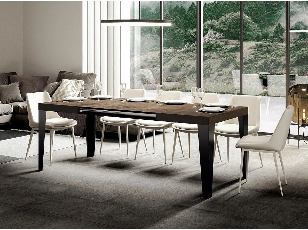 Mesa de comedor extensible Flavio-Color Marrón-Soporte 2 pies-5 alargaderas finas-Ancho extensible