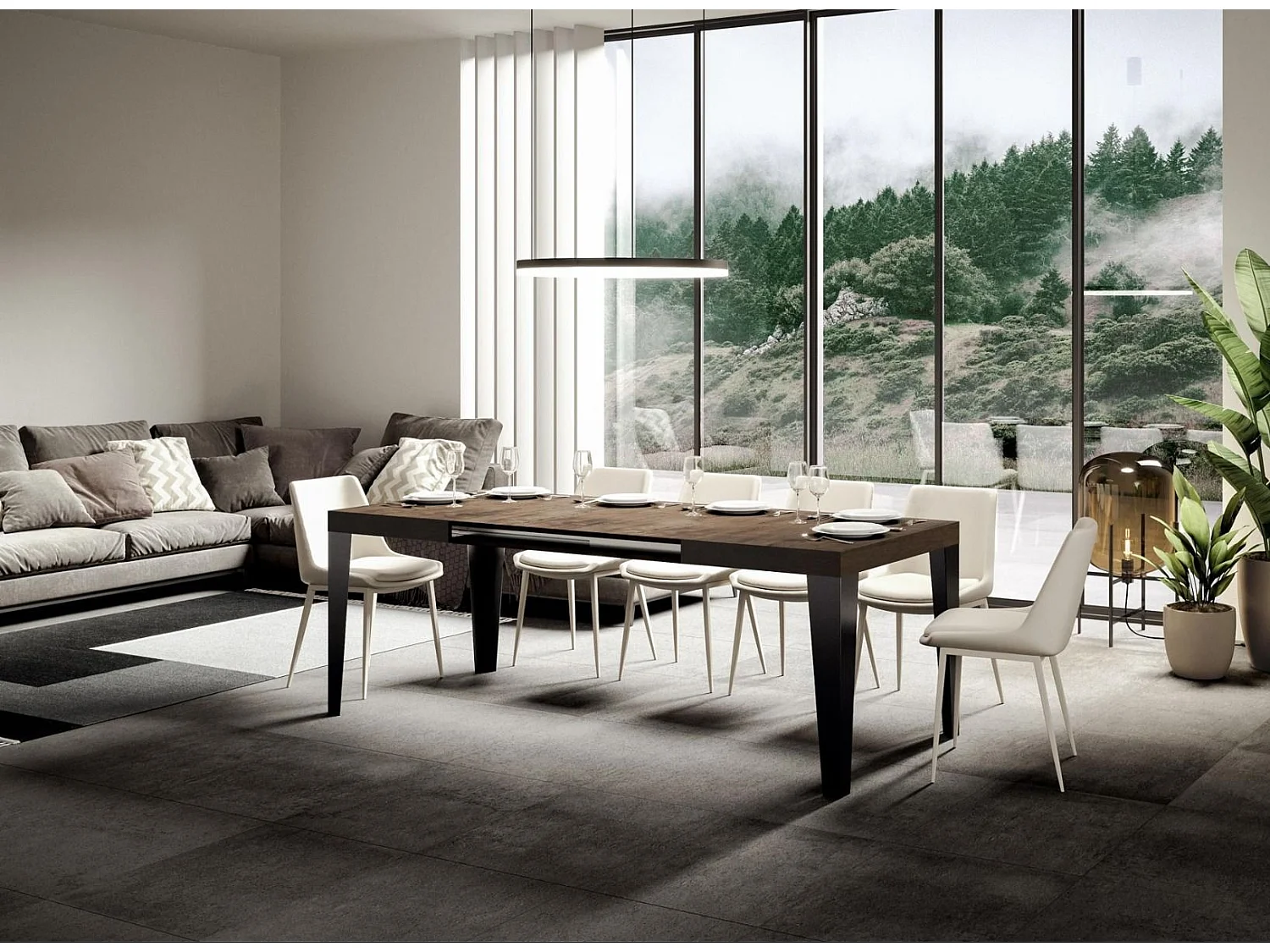 Mesa de comedor extensible Flavio-Color Marrón-Soporte 2 pies-5 alargaderas finas-Ancho extensible