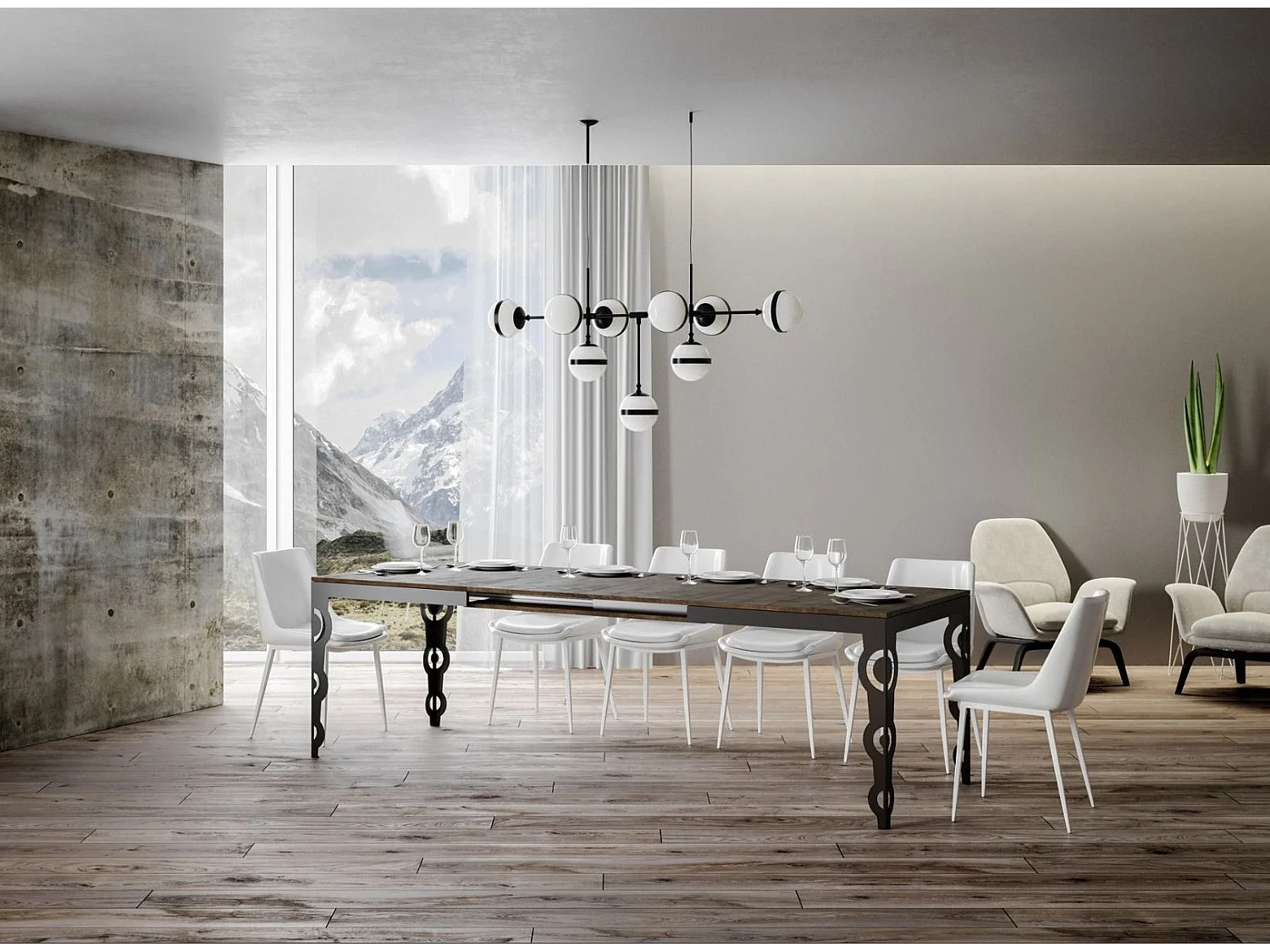 Oosterse uitschuifbare rechthoekige tafel voor 6 tot 20 personen L 180 tot 440 cm donker hout en antraciet metalen frame Zakary