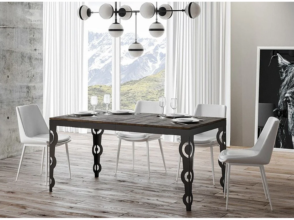 Oosterse uitschuifbare rechthoekige tafel voor 6 tot 20 personen L 180 tot 440 cm donker hout en antraciet metalen frame Zakary