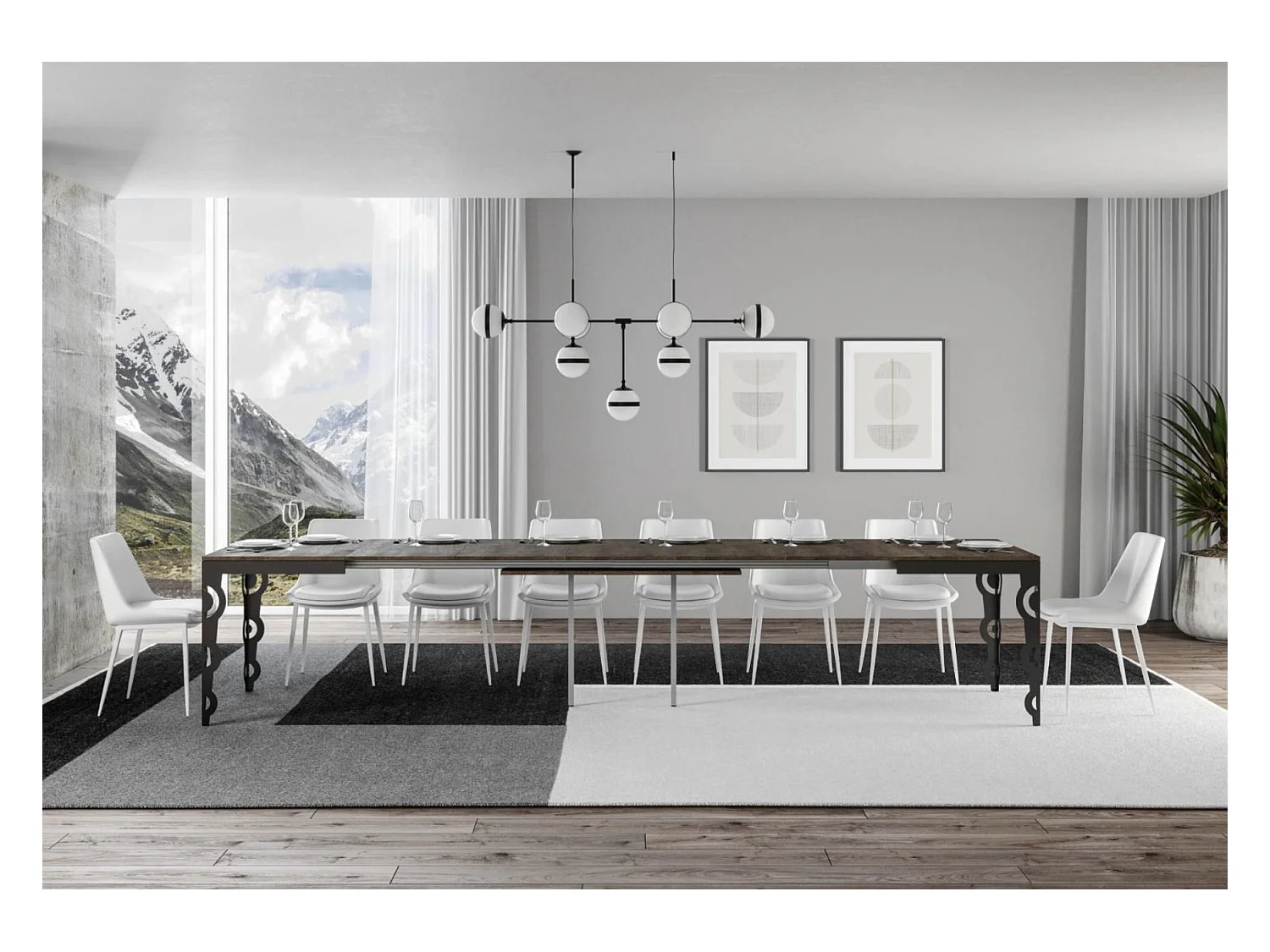 Table rectangulaire extensible orientale 6 à 20 personnes L 180 à 440cm bois foncé et cadre métal anthracite Zakary