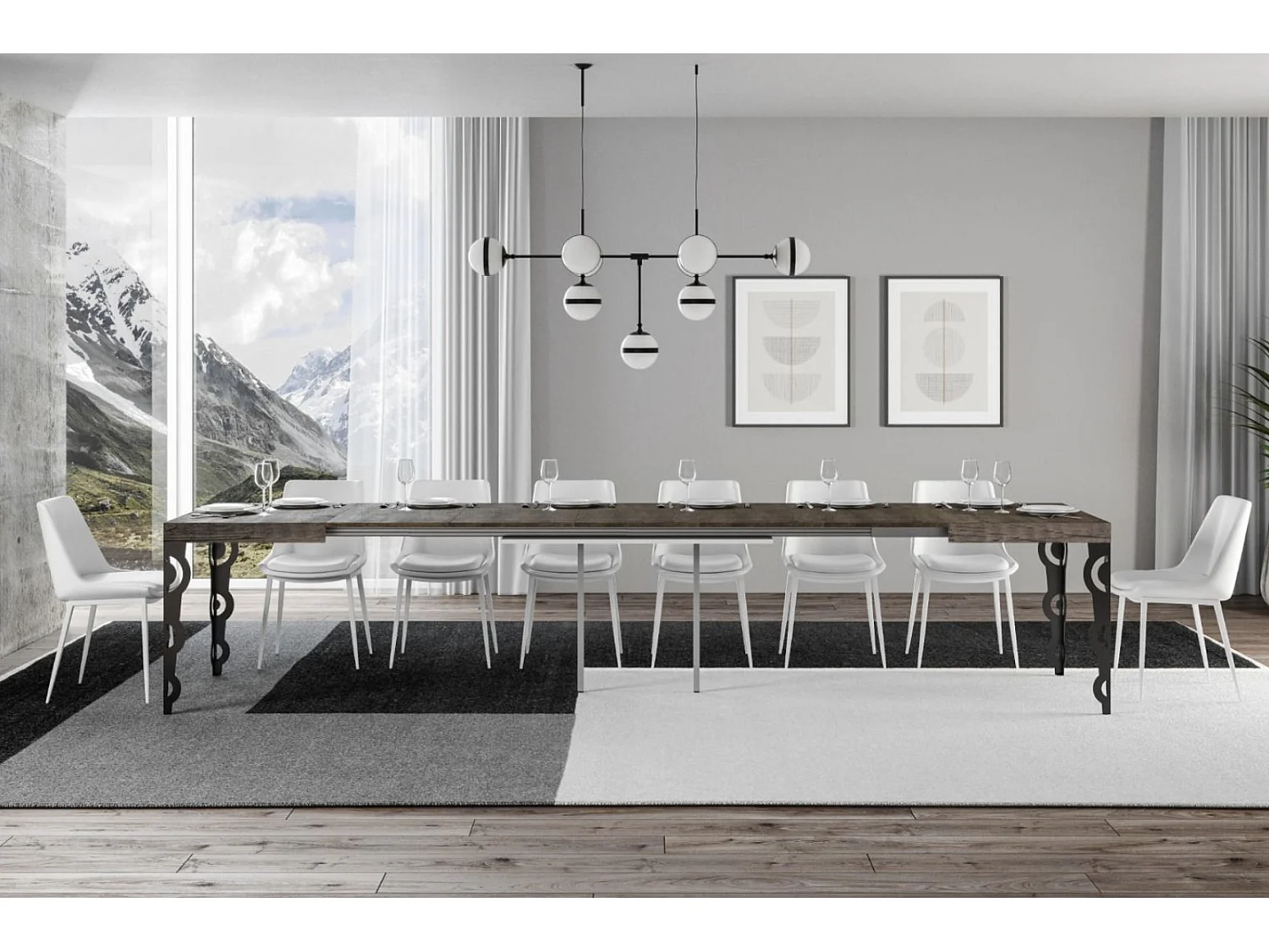 Table rectangulaire extensible orientale 6 à 20 personnes L 180 à 440cm bois foncé et cadre métal anthracite Zakary