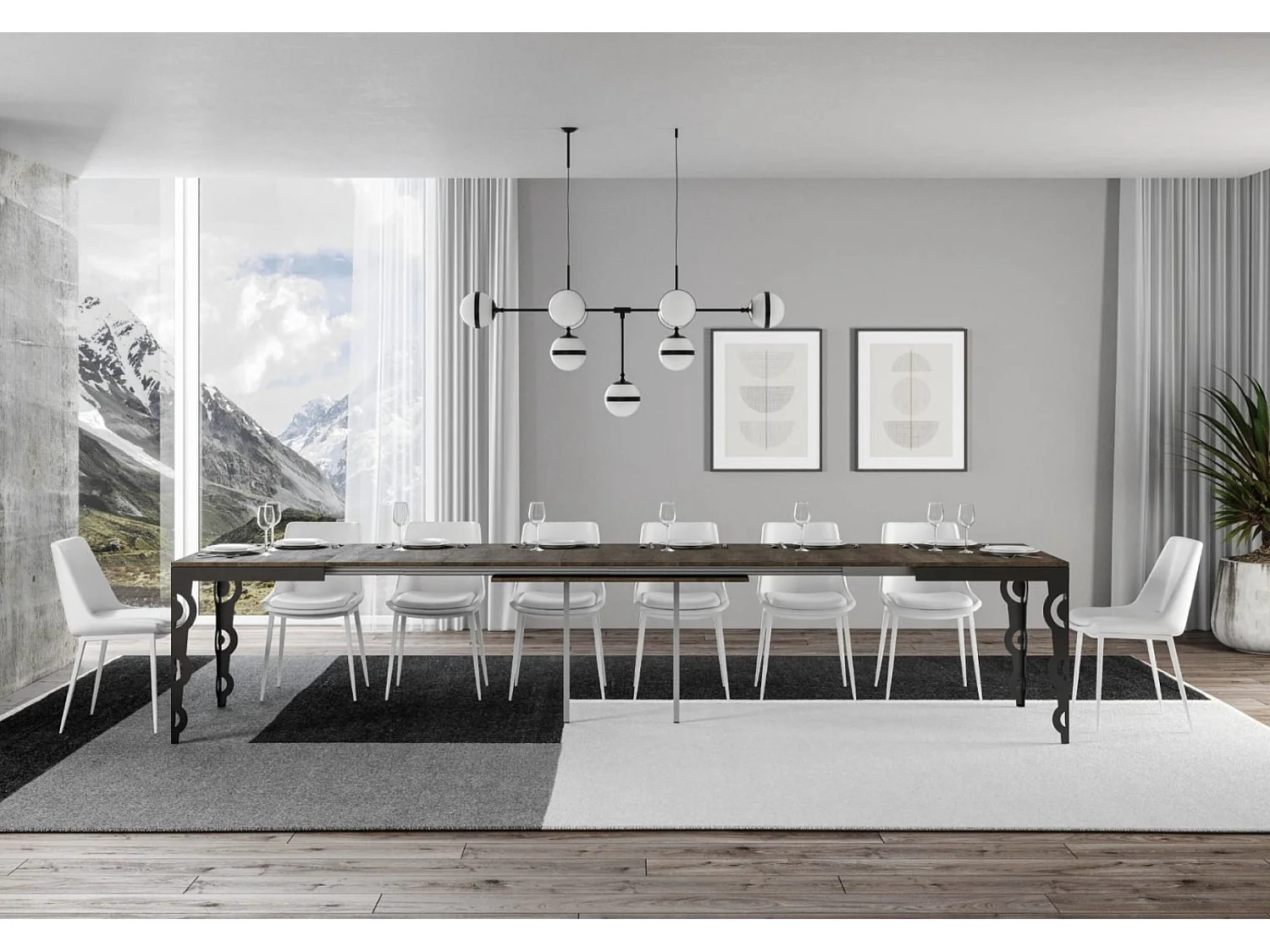 Table rectangulaire extensible orientale 6 à 20 personnes L 180 à 440cm bois foncé et cadre métal anthracite Zakary