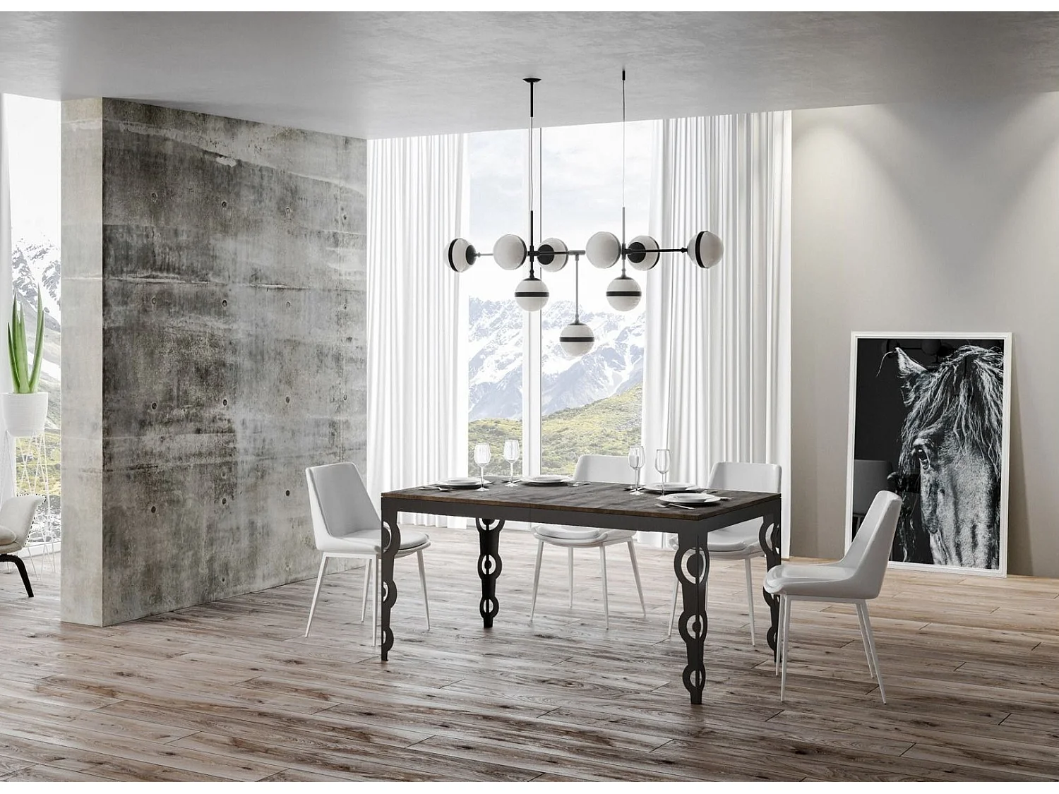 Table rectangulaire extensible orientale 6 à 20 personnes L 180 à 440cm bois foncé et cadre métal anthracite Zakary