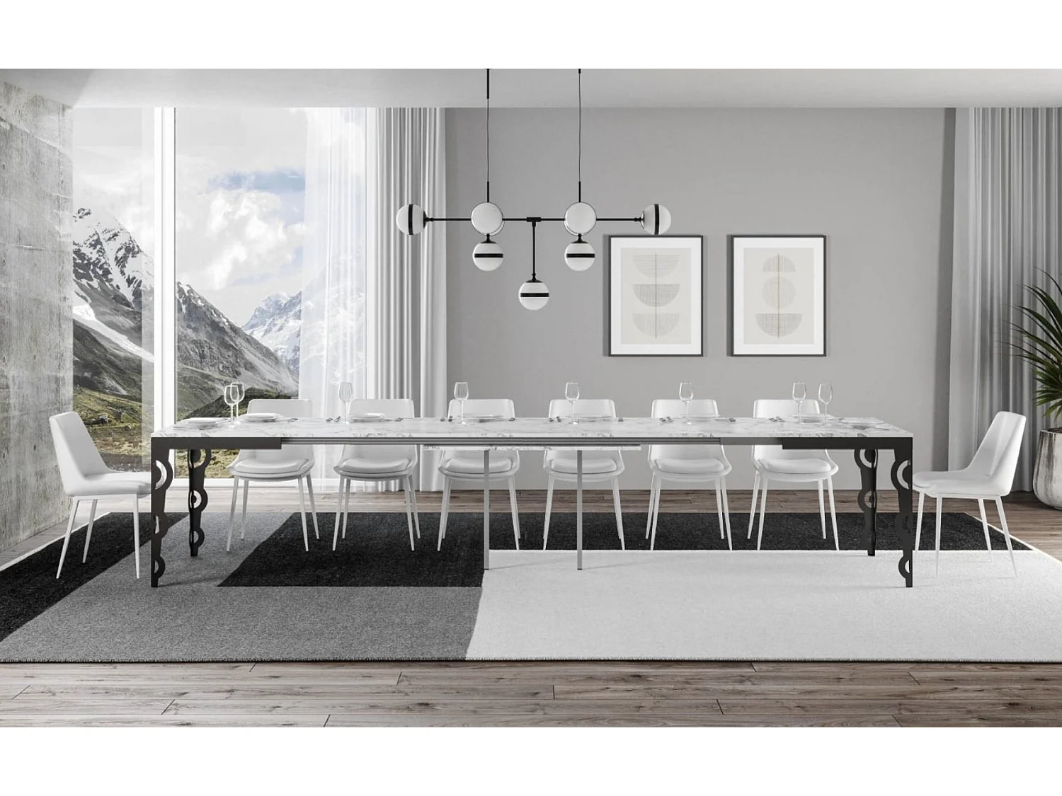 Table rectangulaire extensible orientale 6 à 20 personnes L 180 à 440cm blanc et cadre métal anthracite Zakary