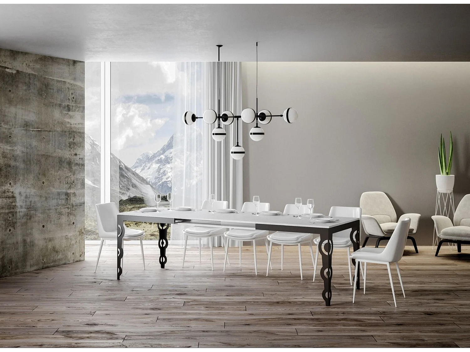 Table rectangulaire extensible orientale 6 à 20 personnes L 180 à 440cm blanc et cadre métal anthracite Zakary