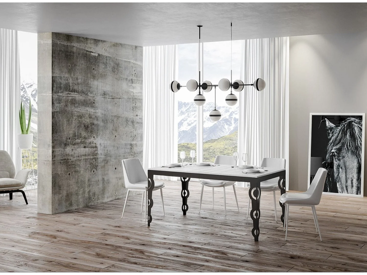 Table rectangulaire extensible orientale 6 à 20 personnes L 180 à 440cm blanc et cadre métal anthracite Zakary