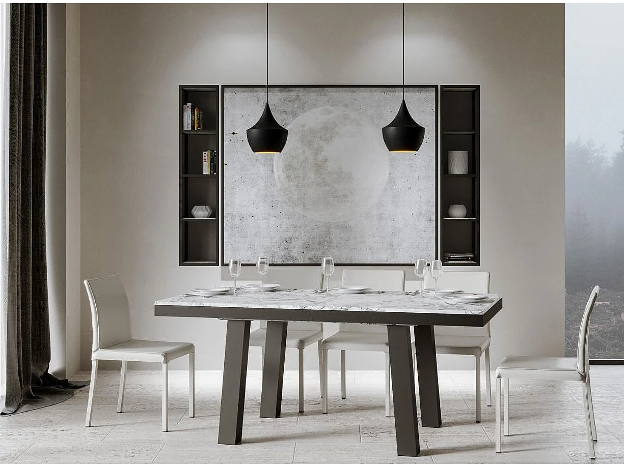 Table extensible 6 à 14 places L 180 à 284cm effet marbre blanc et cadre métal anthracite Bidy